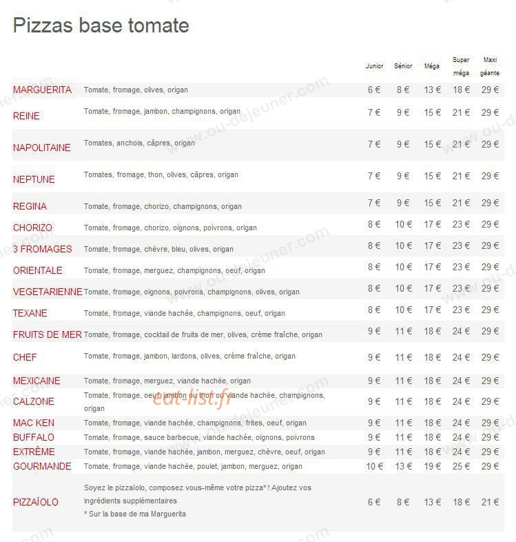Pizza Palace — carte page 1