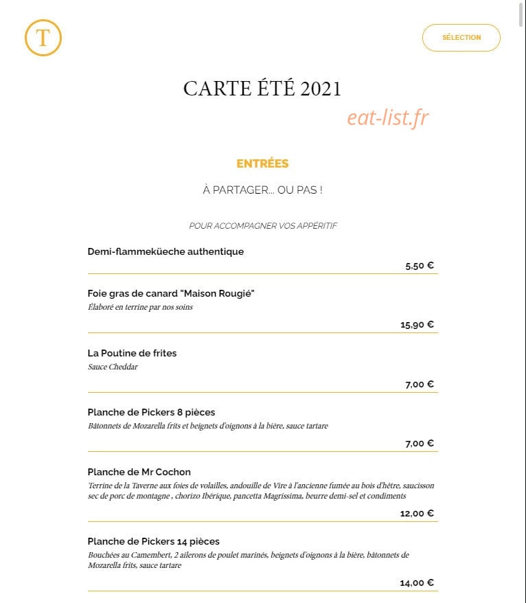 La Taverne — carte page 1