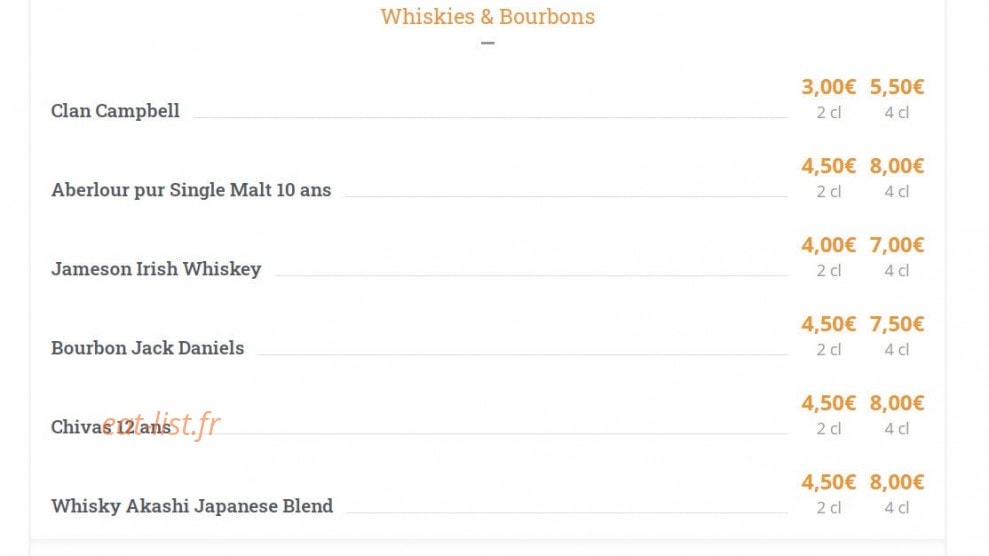 Carte et menu de Les Relais d'Alsace Taverne Karlsbrau à Bonsecours — Whiskies bourbons