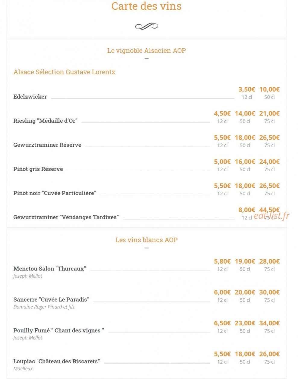Carte et menu de Les Relais d'Alsace Taverne Karlsbrau à Bonsecours — Le vingoble alscacien et vins blancs
