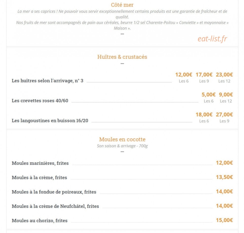 Carte et menu de Les Relais d'Alsace Taverne Karlsbrau à Bonsecours — Huîtres et crusteces, moules en cocotes