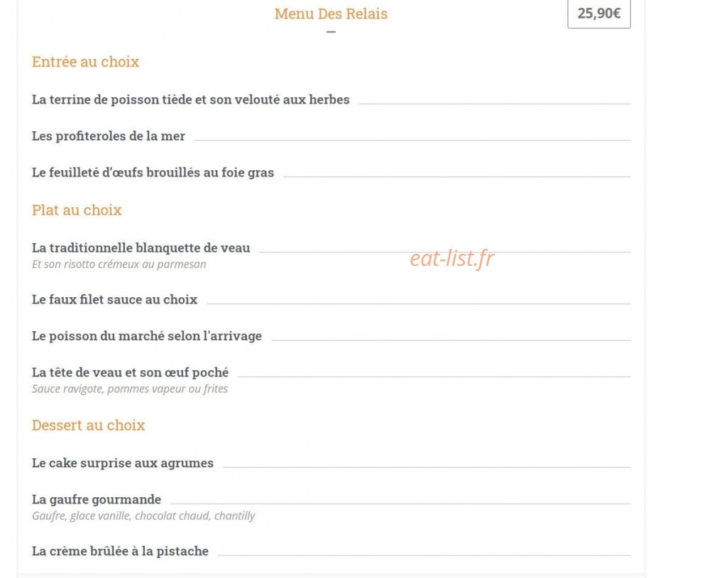 Carte et menu de Les Relais d'Alsace Taverne Karlsbrau à Bonsecours — Menu des relais les plats au choix, entrée au choix,....