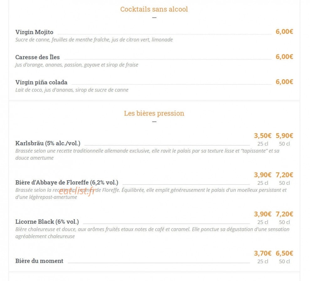 Carte et menu de Les Relais d'Alsace Taverne Karlsbrau à Bonsecours — Covktail sans alcool et bière pression
