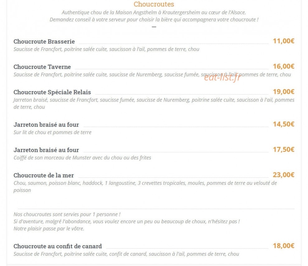 Carte et menu de Les Relais d'Alsace Taverne Karlsbrau à Bonsecours — Les Choucroutes