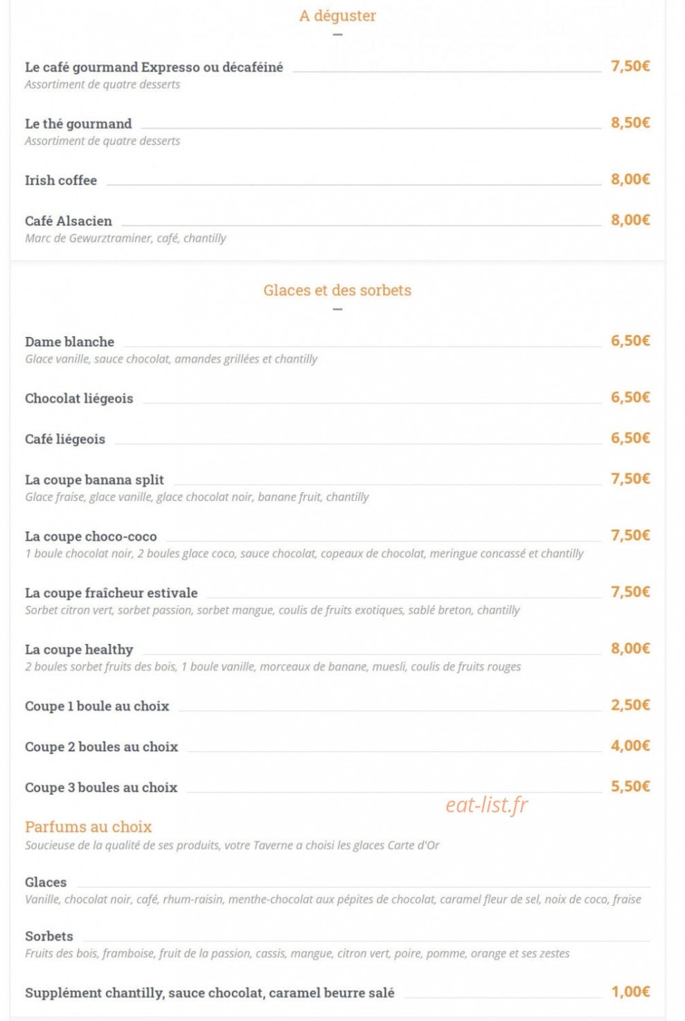 Carte et menu de Les Relais d'Alsace Taverne Karlsbrau à Bonsecours — A déguster, les glaces et sorbets
