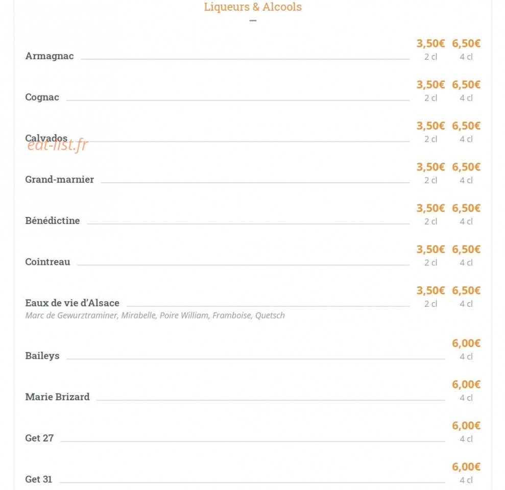 Carte et menu de Les Relais d'Alsace Taverne Karlsbrau à Bonsecours — Liqueurs et alcool