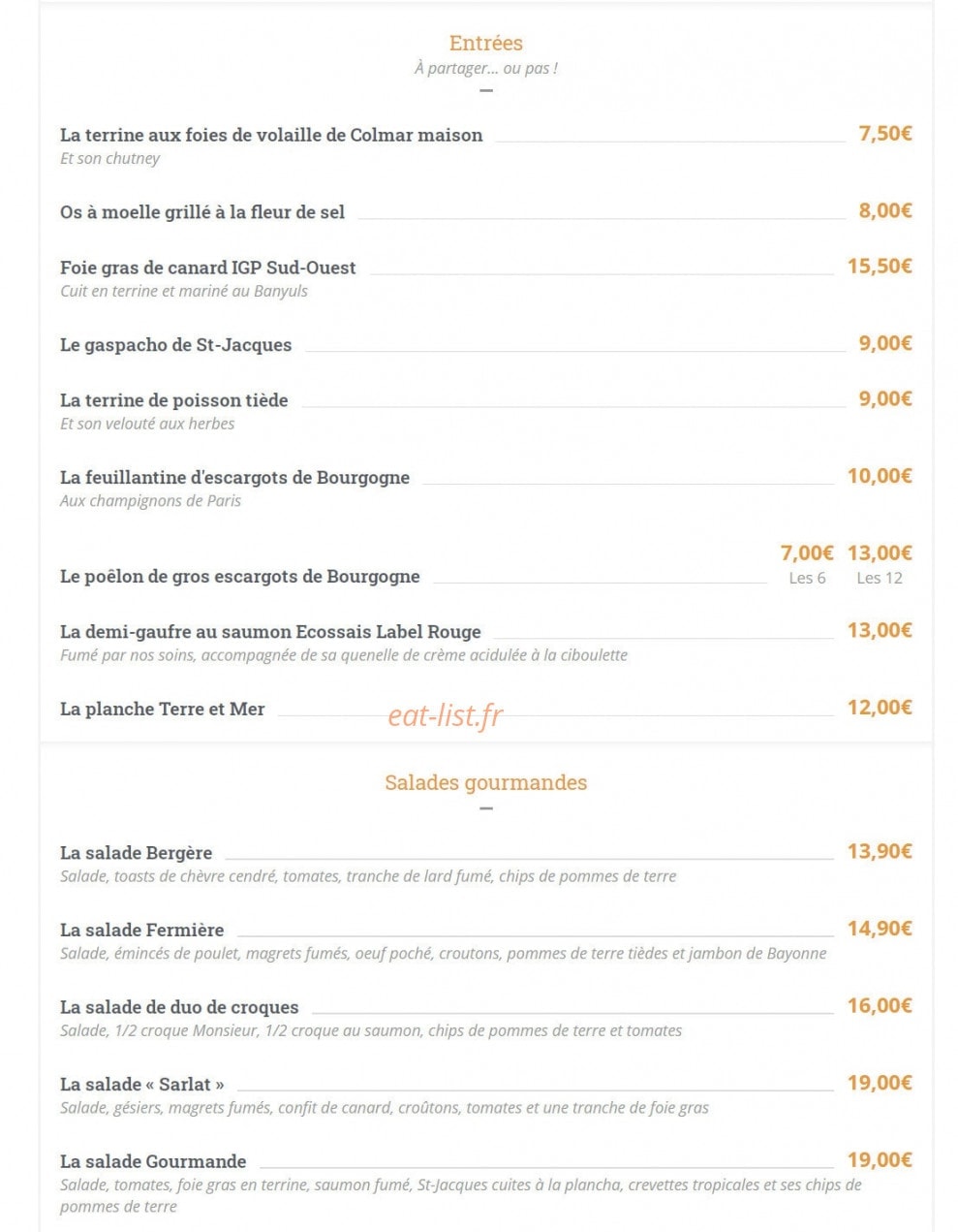 Carte et menu de Les Relais d'Alsace Taverne Karlsbrau à Bonsecours — Les entrées et salades gourmandes