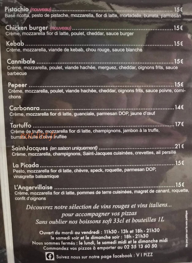 Carte et menu de V.I. Pizz à Angerville l'Orcher — Pizzas