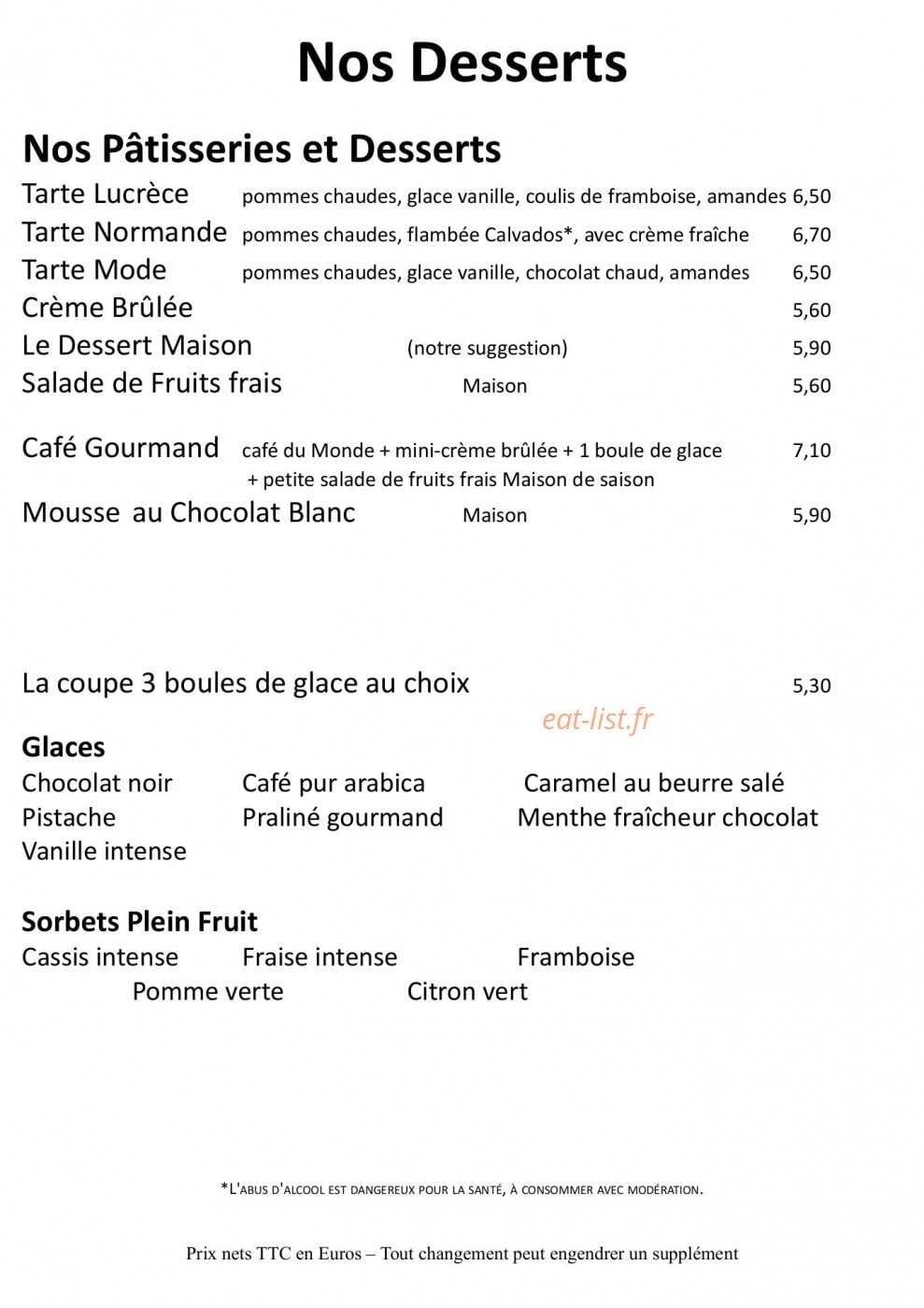 Carte et menu de La Fontaine Fleurie à Fontaine la Mallet — Les desserts