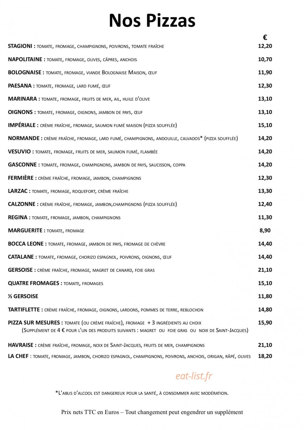 Carte et menu de La Fontaine Fleurie à Fontaine la Mallet — Les pizzas