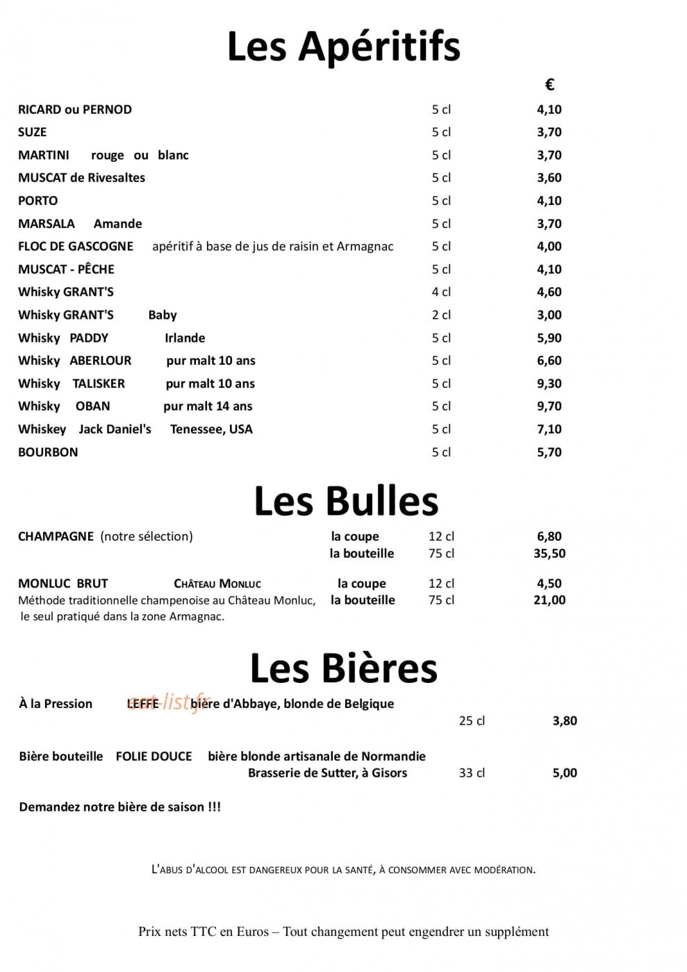 Carte et menu de La Fontaine Fleurie à Fontaine la Mallet — Les apéritifs, bières