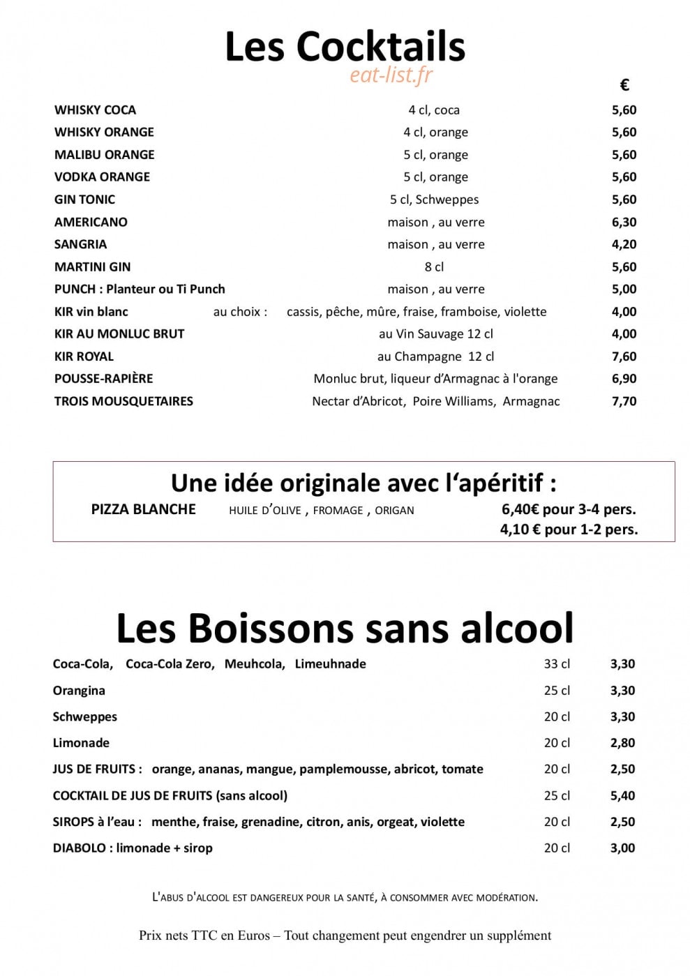 Carte et menu de La Fontaine Fleurie à Fontaine la Mallet — Les cocktails, boissons sans alcools