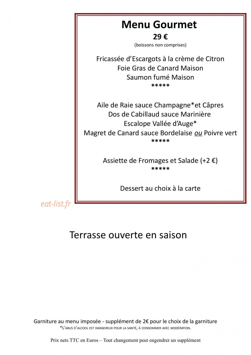 Carte et menu de La Fontaine Fleurie à Fontaine la Mallet — Le menu gourmet