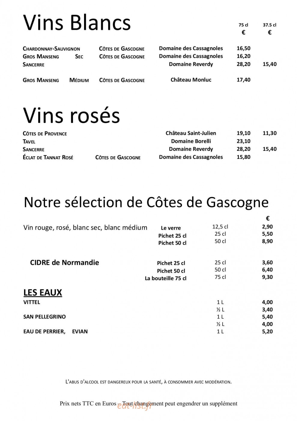 Carte et menu de La Fontaine Fleurie à Fontaine la Mallet — Les vins blancs, rosés...
