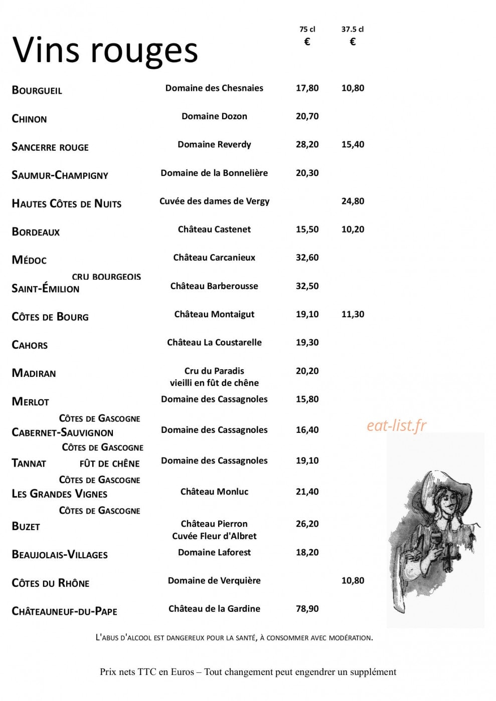 Carte et menu de La Fontaine Fleurie à Fontaine la Mallet — Les vins rouges
