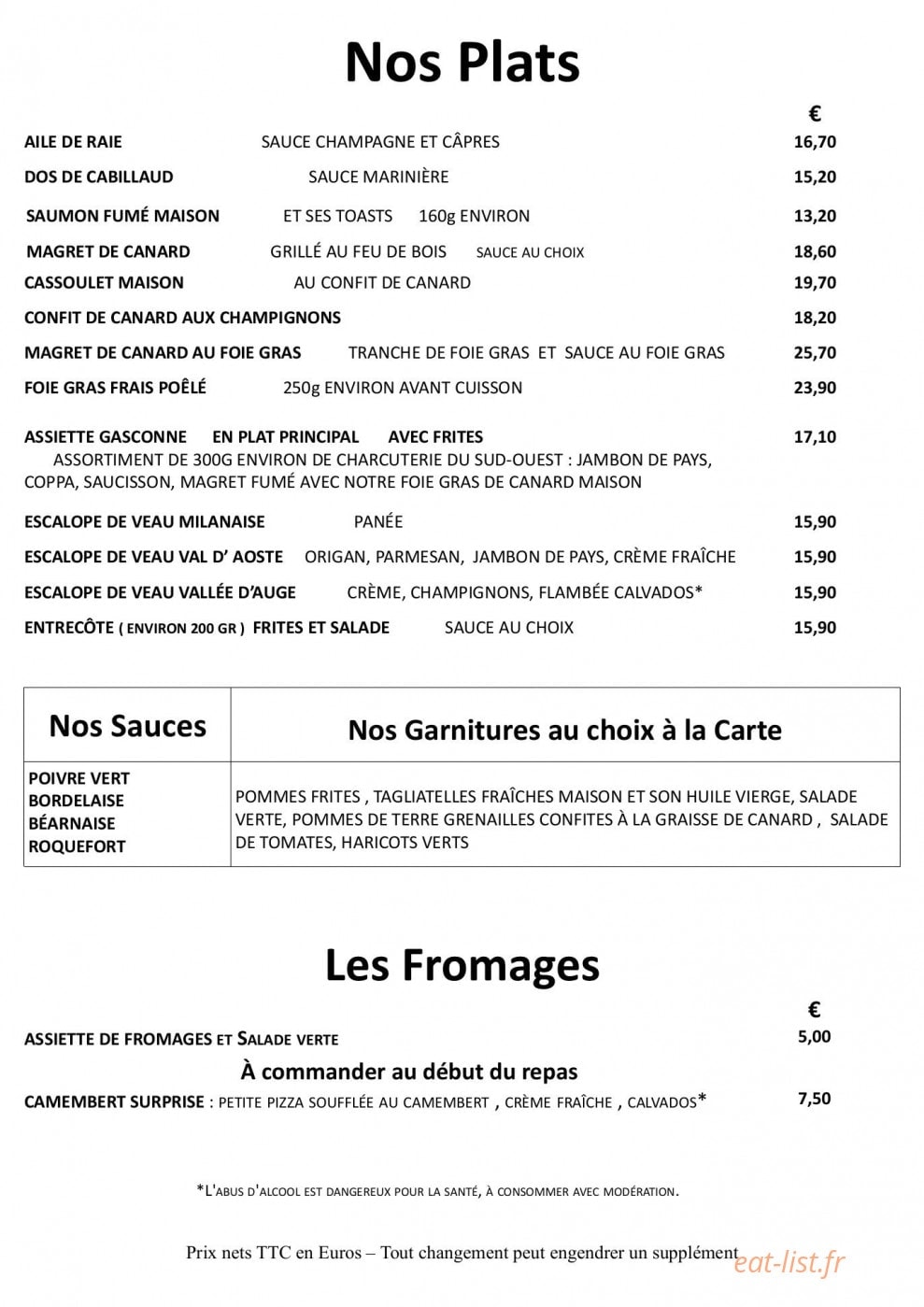 Carte et menu de La Fontaine Fleurie à Fontaine la Mallet — Les plats, fromages