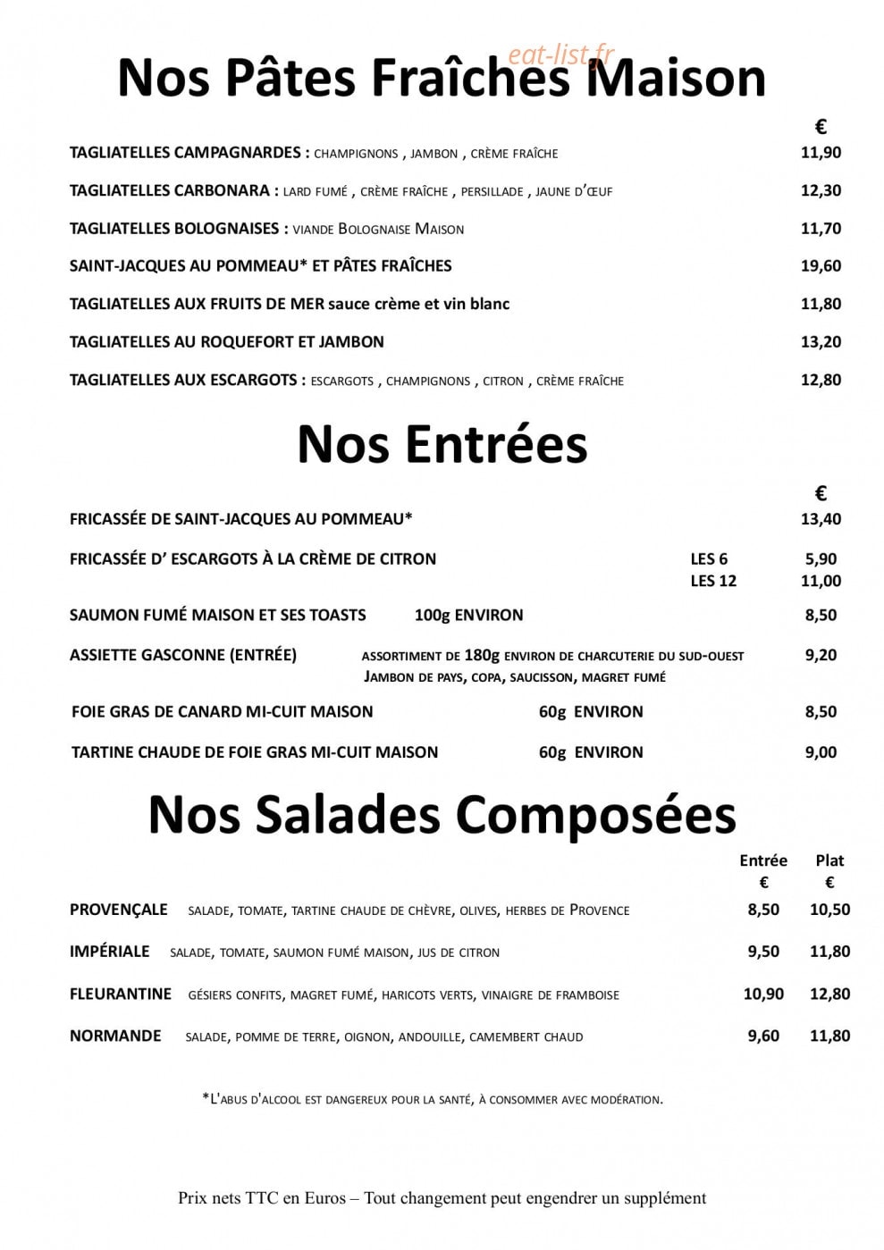Carte et menu de La Fontaine Fleurie à Fontaine la Mallet — Les pâtes fraîches maison, entrées..