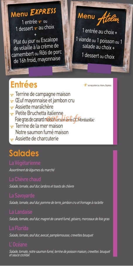 Carte et menu de Brasserie l'Atelier à Sotteville les Rouen — Les entrées, salades......