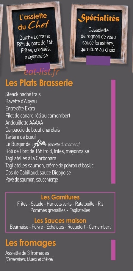 Carte et menu de Brasserie l'Atelier à Sotteville les Rouen — Les plats, fromages......