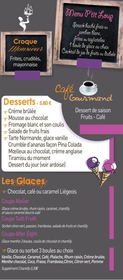 Carte et menu de Brasserie l'Atelier à Sotteville les Rouen — Les desserts , glaces