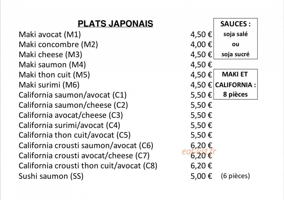Carte et menu de Le Royal de Sotteville à Sotteville les Rouen — Les plats japonais