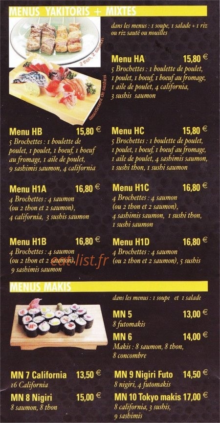 Carte et menu de Le Tokyo à Sotteville les Rouen — Les menus mixtes et makis