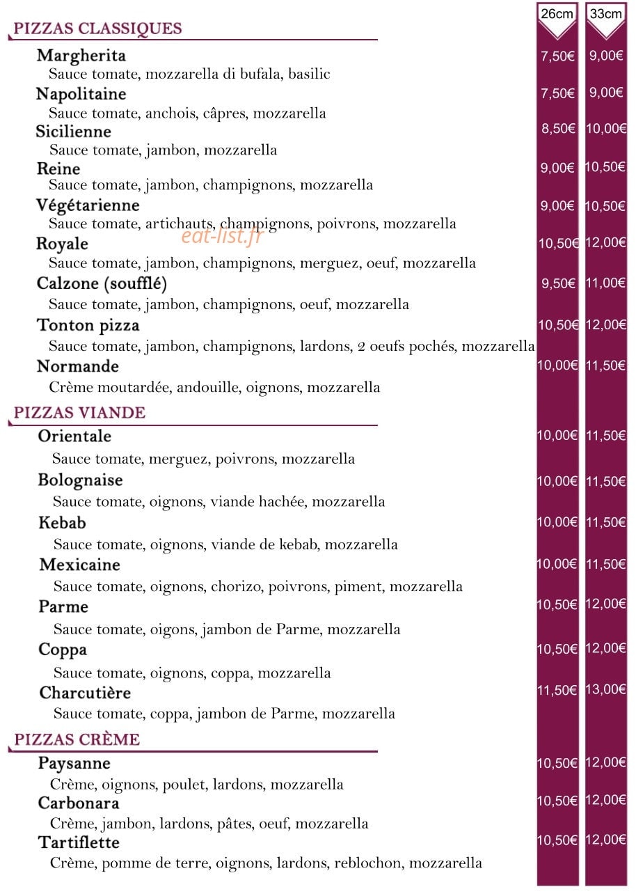 Carte et menu de Tonton Tantie Pizza à Sotteville les Rouen — Les pizzas