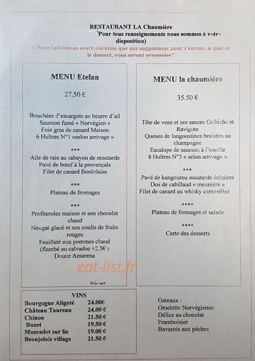 Restaurant la chaumière la roche sur yon menus