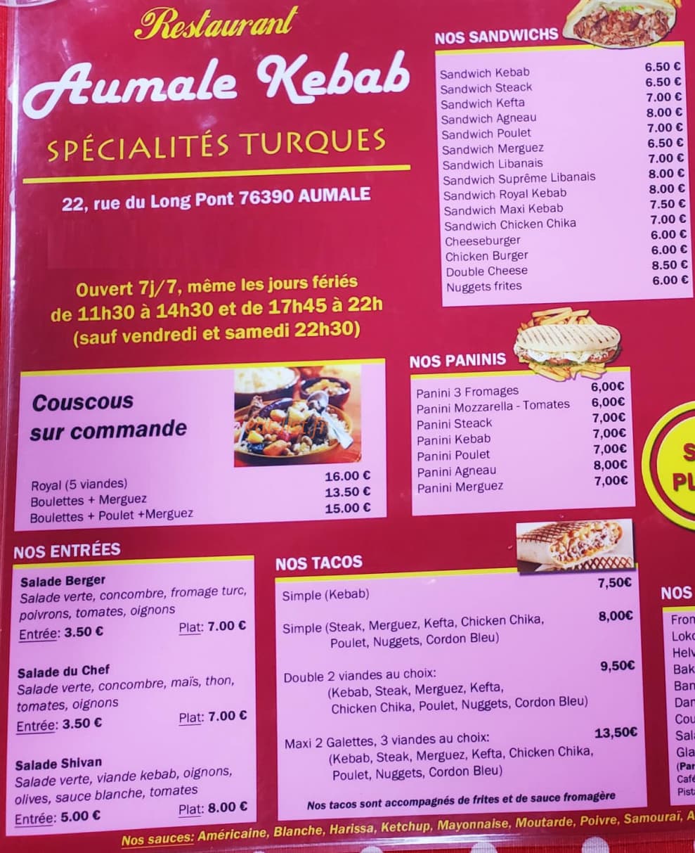 Restaurant Aumale — carte page 1