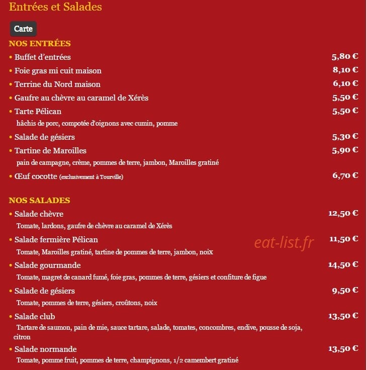 Carte et menu de Le Club Pelican à Tourville la Riviere — Entrées et salades