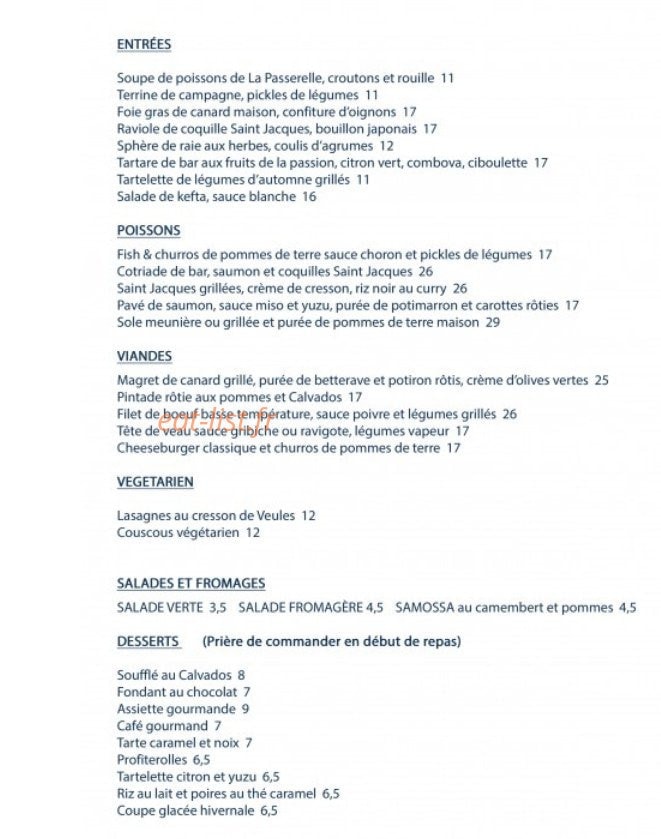Carte et menu de La passerelle à Saint Valery en Caux — Entrées, poissons, viandes...