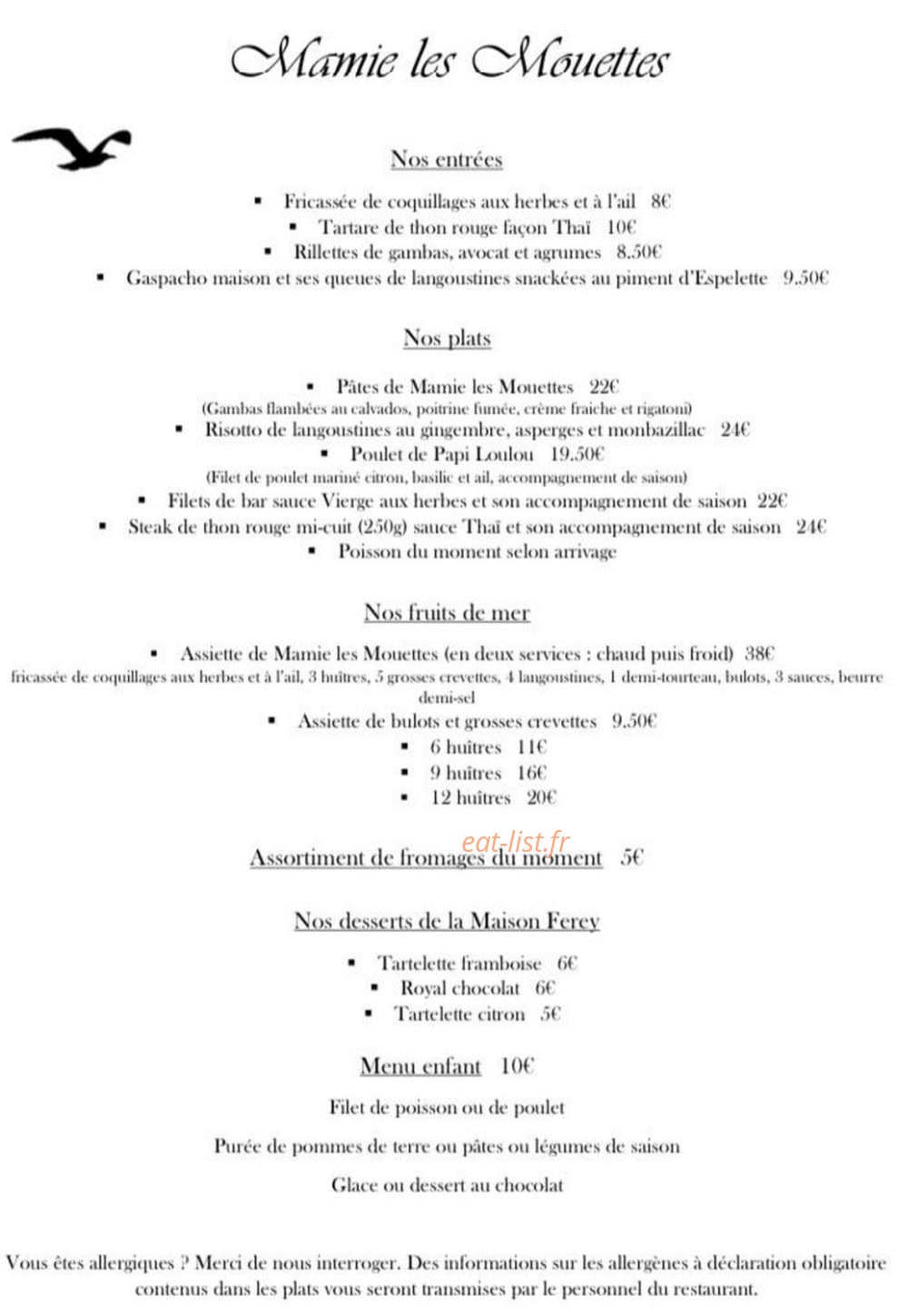 Carte et menu de Mamie les mouettes à Saint Valery en Caux — La carte