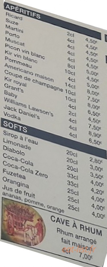 Carte et menu de Au Vieux Logis à Le Treport — Les apéritifs, softs et cave à rhum