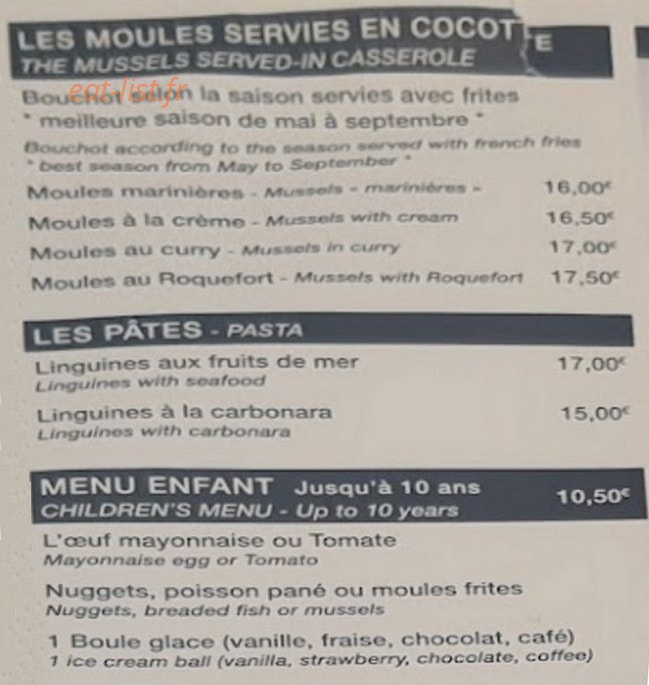 Carte et menu de Au Vieux Logis à Le Treport — Les moules, pates et menu enfant