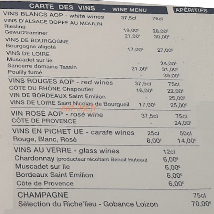 Carte et menu de Au Vieux Logis à Le Treport — Carte des vins
