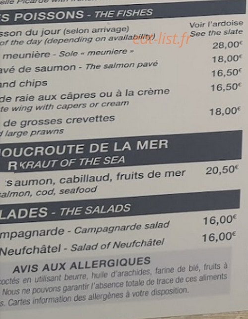 Carte et menu de Au Vieux Logis à Le Treport — Les poissons, choucroute et salades