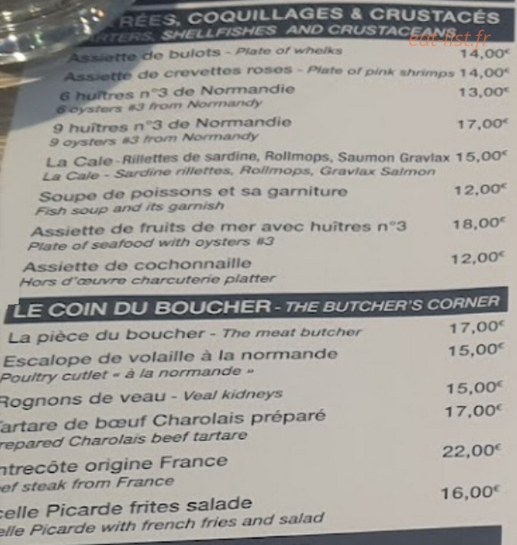 Carte et menu de Au Vieux Logis à Le Treport — Les entrées et coin du boucher