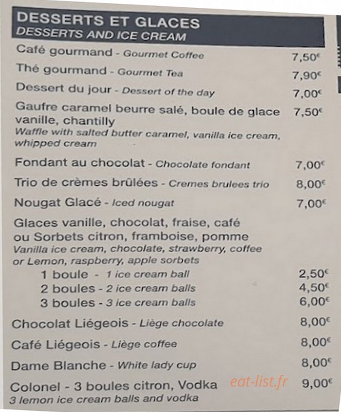 Carte et menu de Au Vieux Logis à Le Treport — Les desserts et glaces
