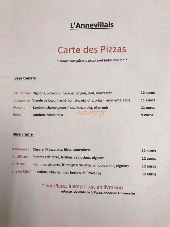 Carte et menu de L'Annevillais à Anneville Ambourville — Pizzas