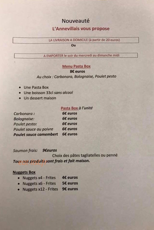 Carte et menu de L'Annevillais à Anneville Ambourville — Pasta box