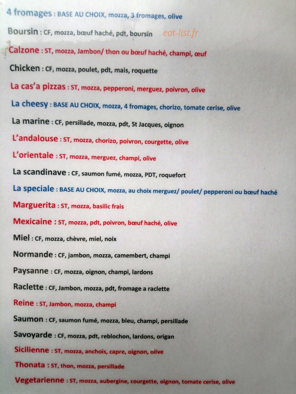 La Cas'à Pizzas — carte page 1