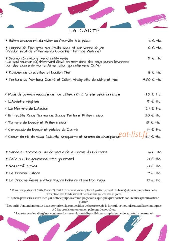 Carte et menu de L'Aquilon à Hautot sur Mer — la carte