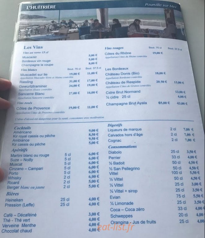 Carte et menu de L'Huitrière de Pourville à Hautot sur Mer — Les vins, cocktails, ...