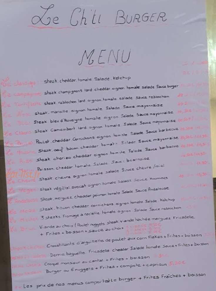 Le ch'ti burger — carte page 1