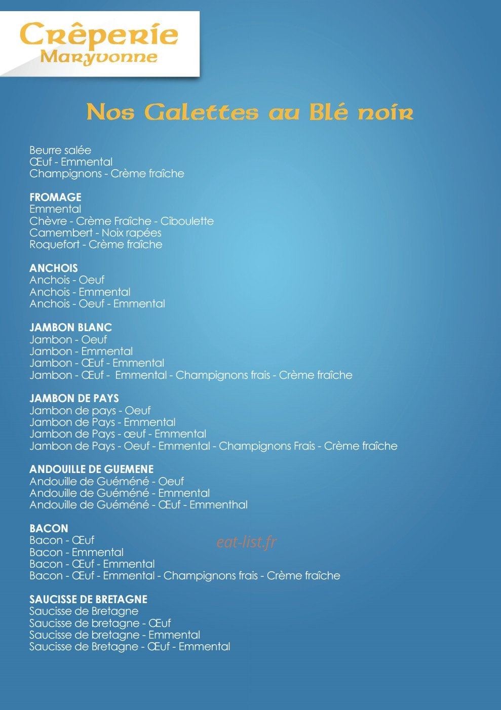 Crêperie Maryvonne — carte page 1