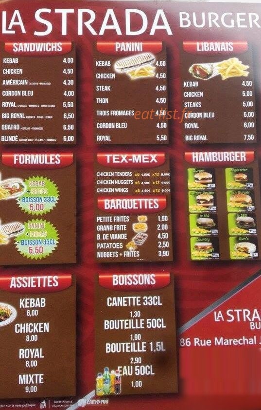 La Strada Burger — carte page 1
