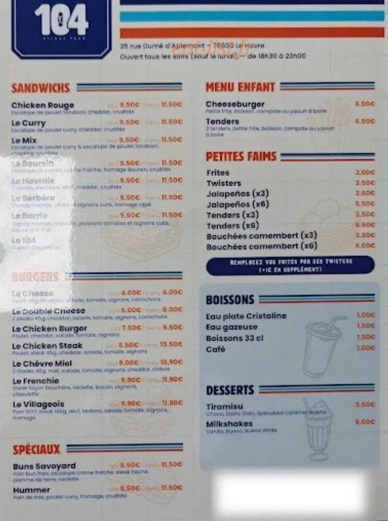 Le 104 Street Food — carte page 1