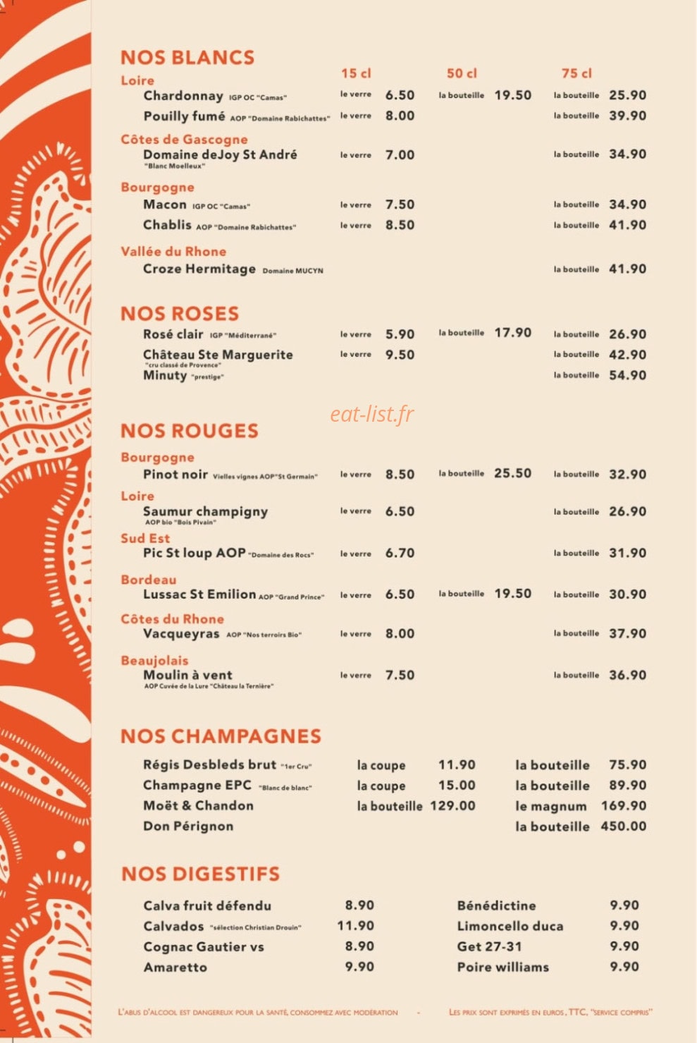 Carte et menu de Le bistrot de la plage à Le Havre — Les vins, champagnes...