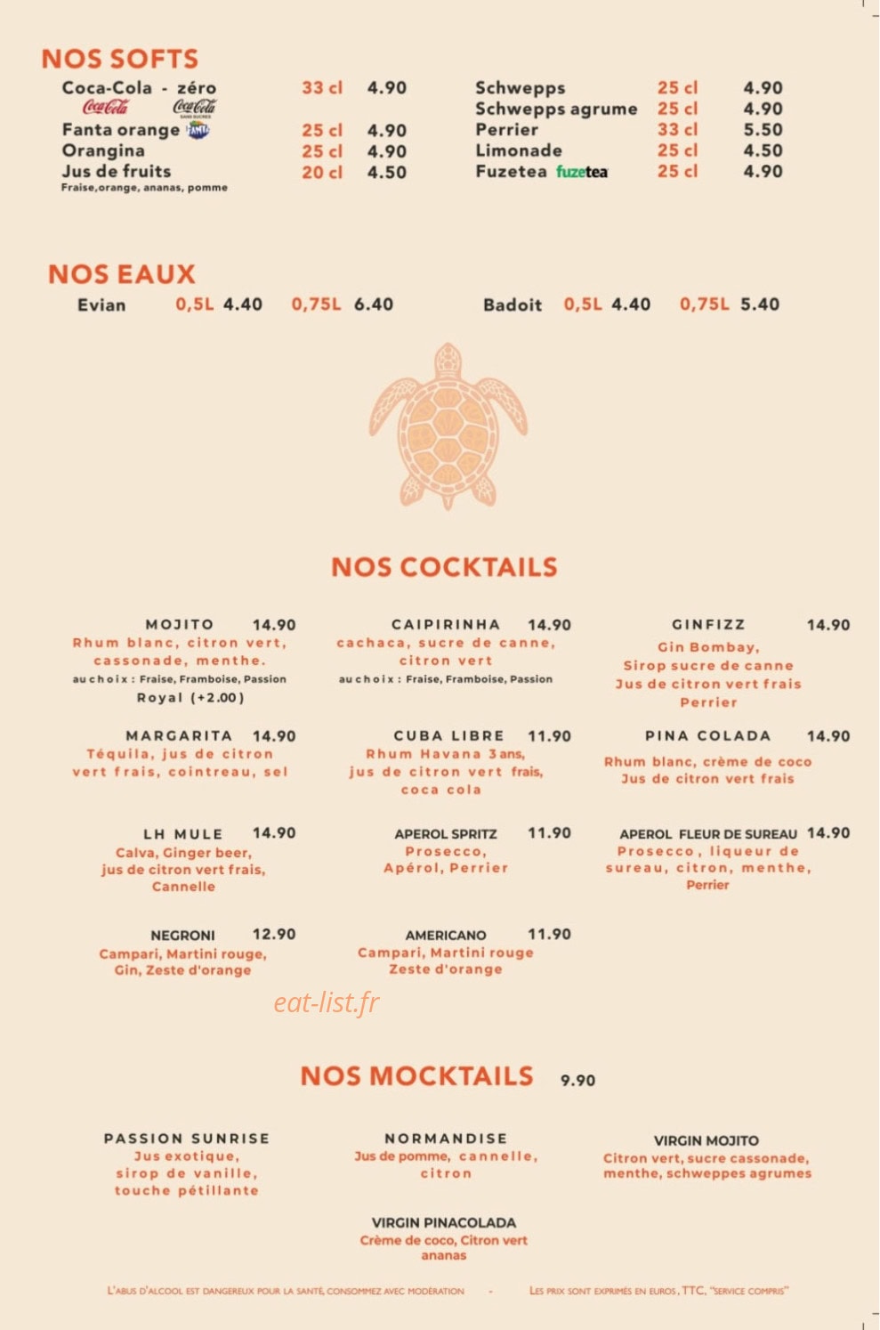 Carte et menu de Le bistrot de la plage à Le Havre — Les cocktails, mocktails...