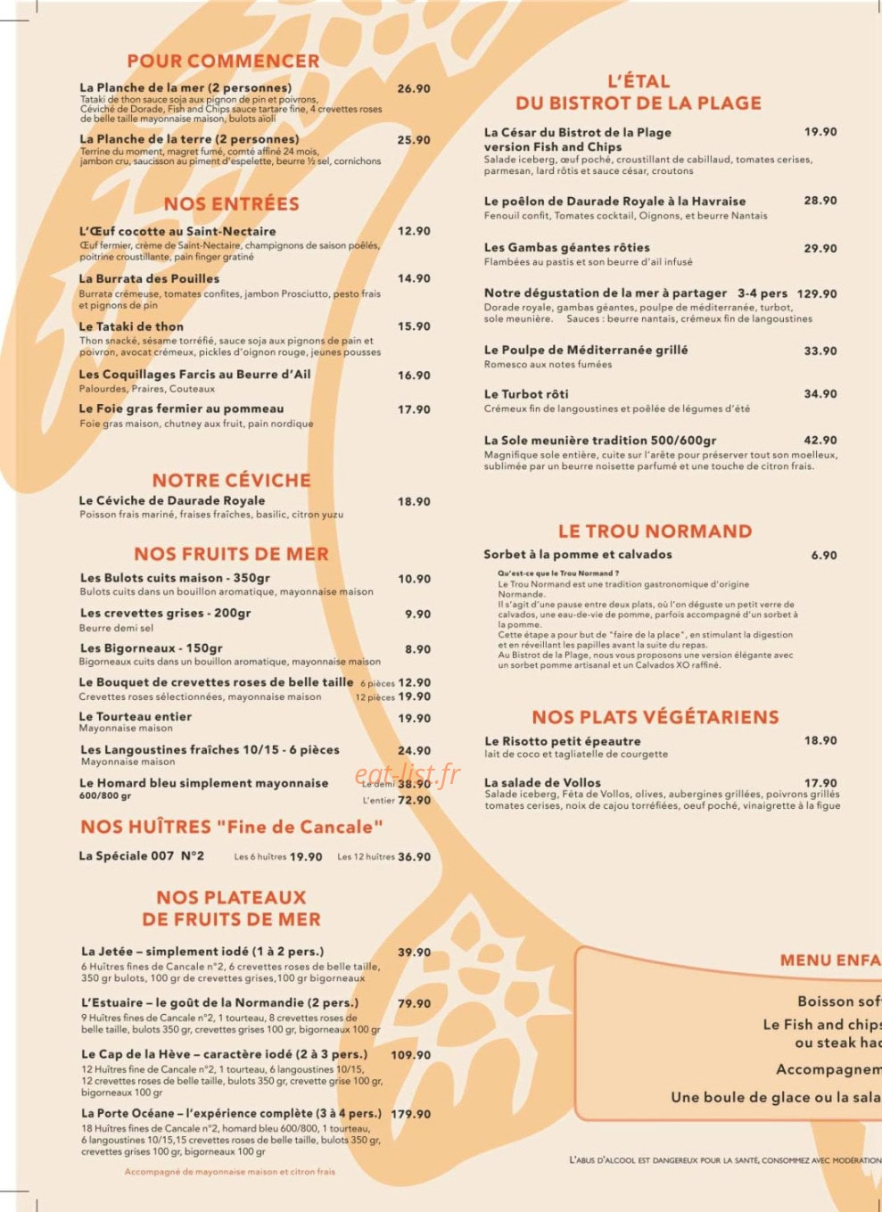 Carte et menu de Le bistrot de la plage à Le Havre — Les entrées, plateaux...